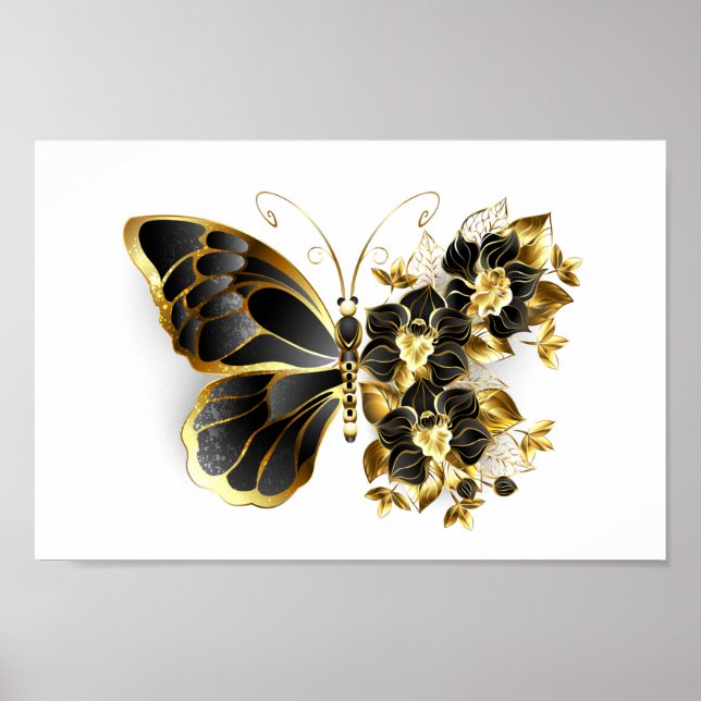 Poster Borboleta Flor Dourada com Orquídea Preta (Frente)