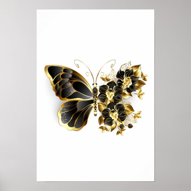 Poster Borboleta Flor Dourada com Orquídea Preta (Frente)