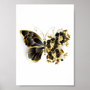 Poster Borboleta Flor Dourada com Orquídea Preta