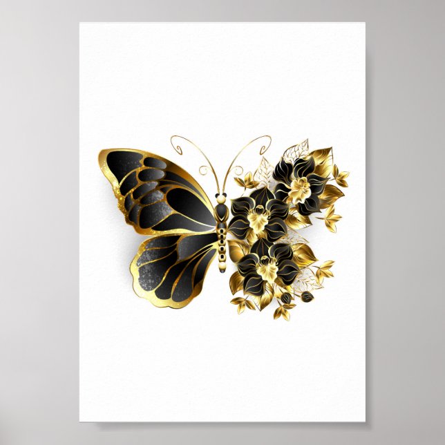 Poster Borboleta Flor Dourada com Orquídea Preta (Frente)