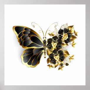 Poster Borboleta Flor Dourada com Orquídea Preta