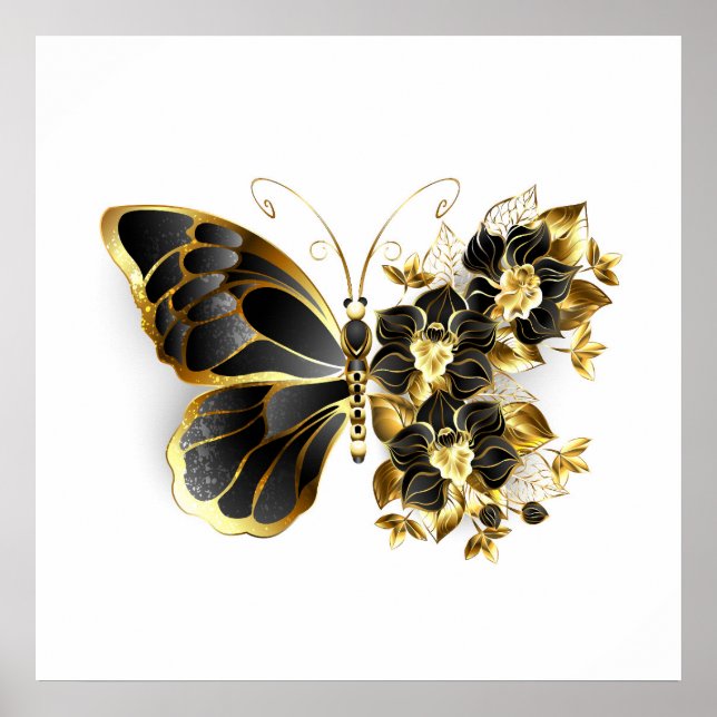 Poster Borboleta Flor Dourada com Orquídea Preta (Frente)