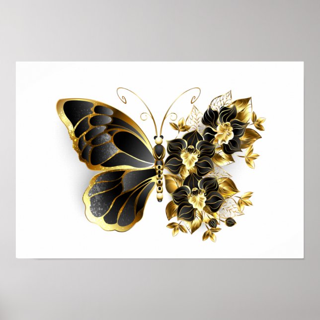Poster Borboleta Flor Dourada com Orquídea Preta (Frente)
