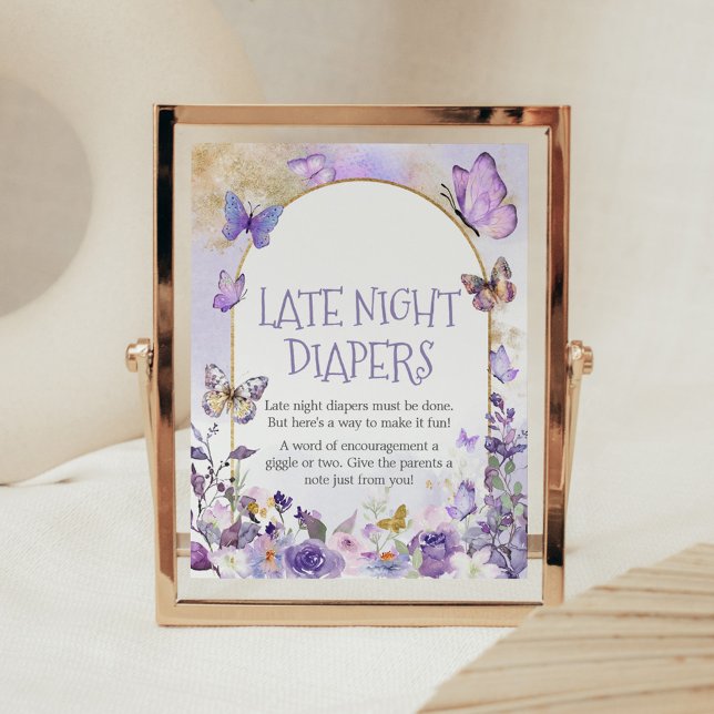 Poster Borboleta Floral Encantada Fraldas Noturnas (Enchanted Floral Butterfly Arch Baby Shower Late Night Diapers Sign)