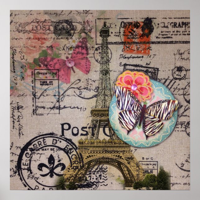 Poster Borboleta francesa Modern Vintage Paris Torre Eiff (Frente)