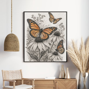 Poster Borboleta Monarca Coneflower Flor Silvestre Vintag