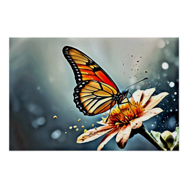 Pôster *~* Borboleta Monarch Flor Branco AP52 (Frente)