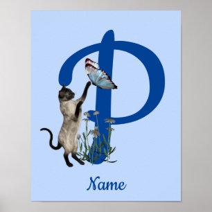 Poster Borboleta Monograma Inicial P Nome do Gato Siames