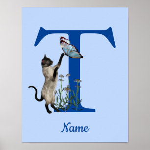 Poster Borboleta Monograma Inicial T Nome do Gato Siames