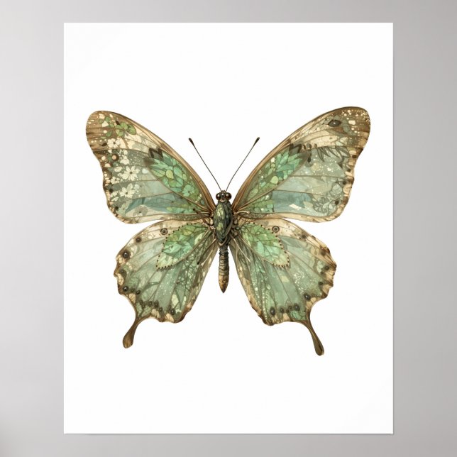 Poster Borboleta Ornamentada com Asas de Padrão de Folha (Frente)