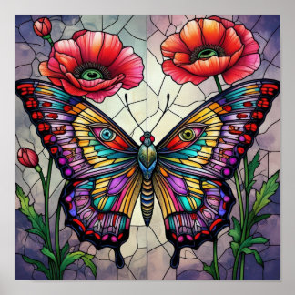 Poster Borboleta & Papoula Vermelha Arte de Inseto em Vid