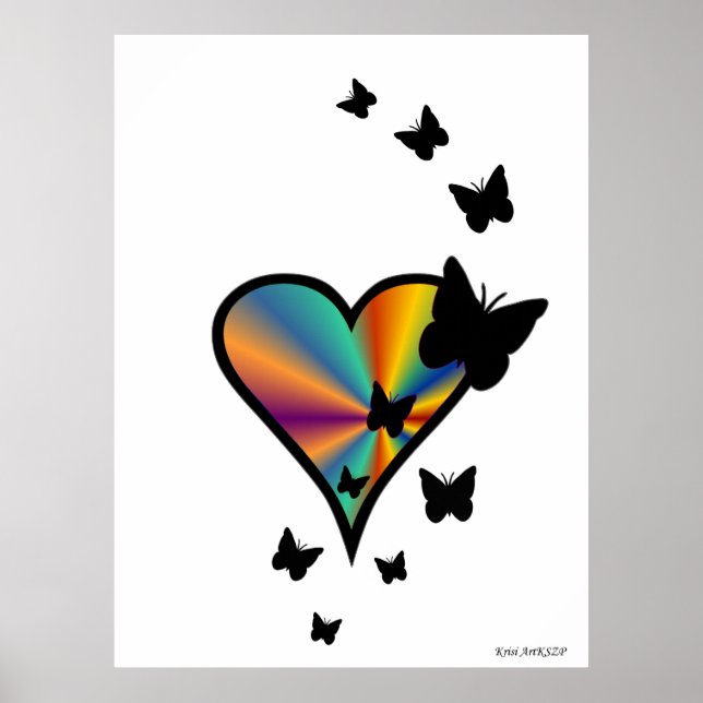 Poster Borboleta Preta no Coração Arco-Íris (Frente)