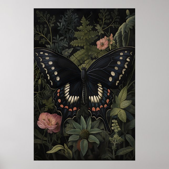 Poster Borboleta Preta No Jardim De Flores Escuras, Marip (Frente)