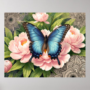 Poster Borboleta Rabo de Andorinha Azul Arte Botânica Flo