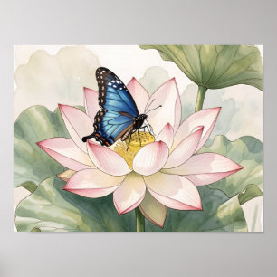 Poster Borboleta Rabo de Andorinha Azul Com Arte de Flor
