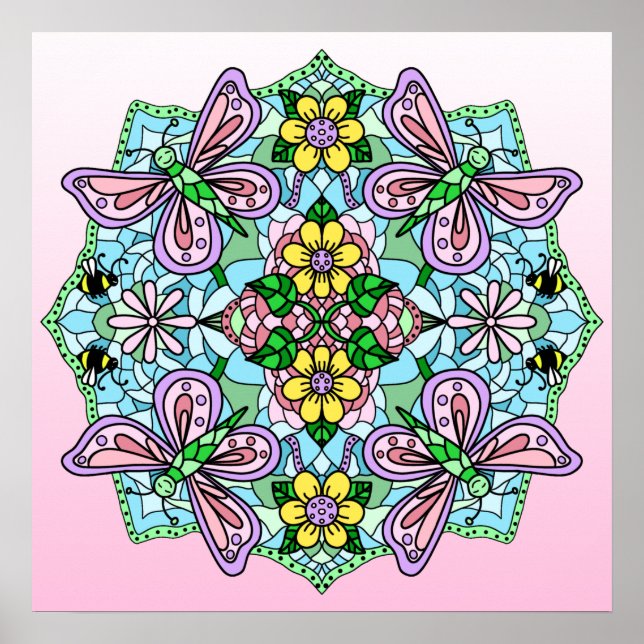 Poster Borboleta Rosa Desenhada À Mão, Flores Mandala (Frente)