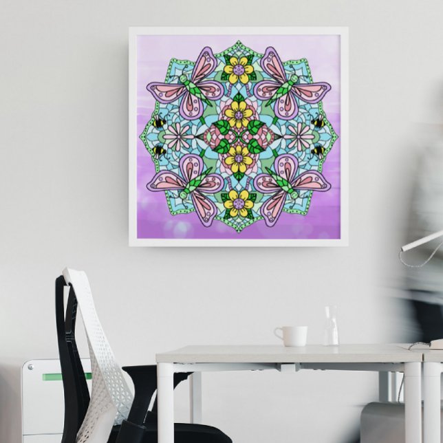 Poster Borboleta Rosa Desenhada À Mão, Flores Mandala (Criador carregado)