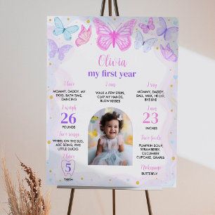 Poster Borboleta Rosa Púrpura Primeiro Aniversário Milest