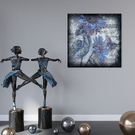 Poster Borboleta Rústica De Girassol Azul Ephemera Grunge