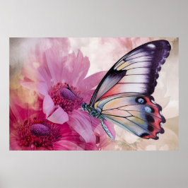 Poster Borboleta Sonhadora com Flores Rosa
