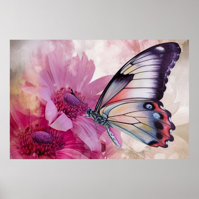 Poster Borboleta Sonhadora com Flores Rosa (Frente)
