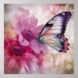 Poster Borboleta Sonhadora com Flores Rosa