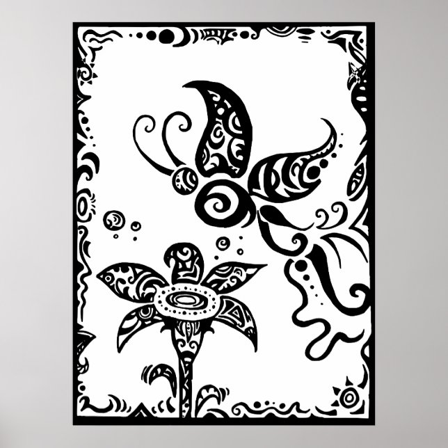 Poster Borboleta tribal preto e branco (Frente)