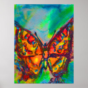 POSTER BORBOLETA VERMELHA EM FAÍSCAS AZUIS VERDES TEAL DO