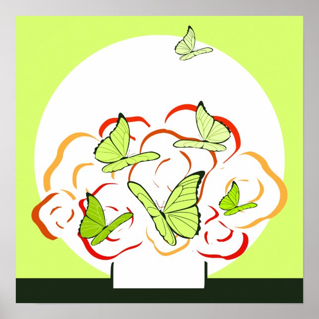 Poster Borboletas amarelas vibrantes e Buquê laranja (Frente)