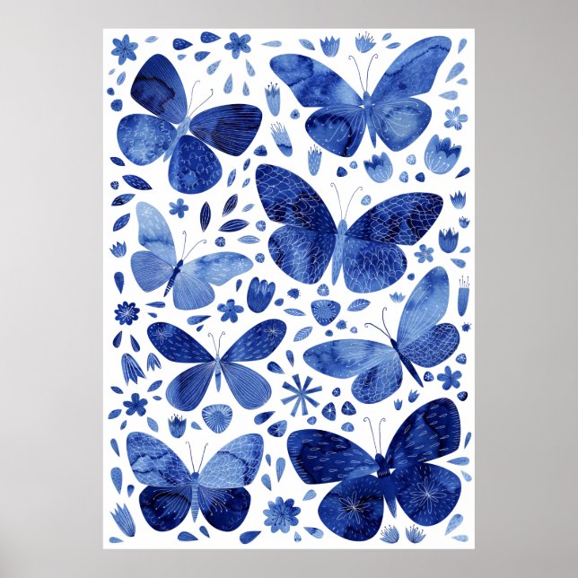 Poster Borboletas Aquarela Azul Indigo (Frente)