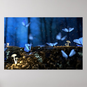 Poster Borboletas azuis bonitas na floresta