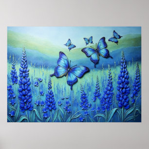 Poster Borboletas Azuis com Flores Azuis,