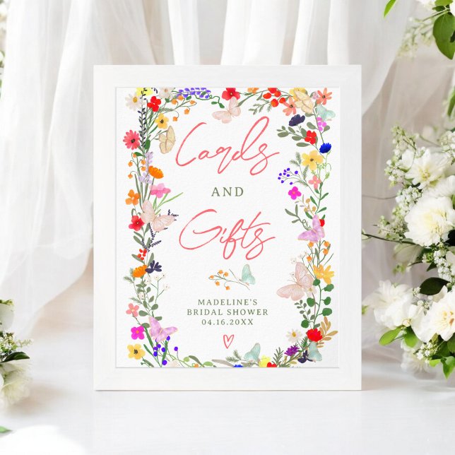 Poster Borboletas boho brilho abaixadores selvagens brilh (Butterflies boho bright wild lowers bridal sign)