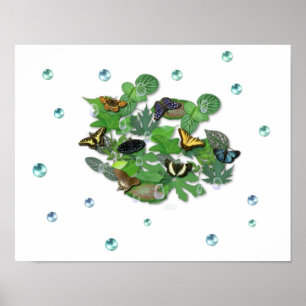 Poster Borboletas com folhas, gota de chuva, pérola