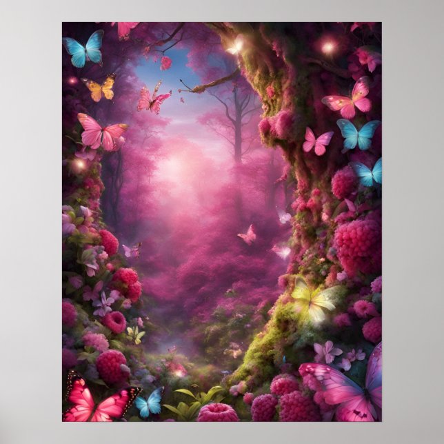 Poster Borboletas de flores da Floresta Magia Encantada (Frente)