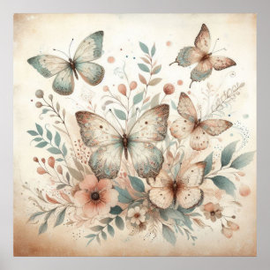 Poster Borboletas de flores em cores pastel aquarela