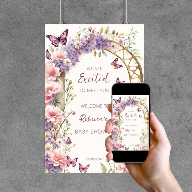 Poster Borboletas de jardim entonadas chá de fraldas bem- (Enchanted garden arch pastel butterflies baby shower template welcome sign poster digital download)