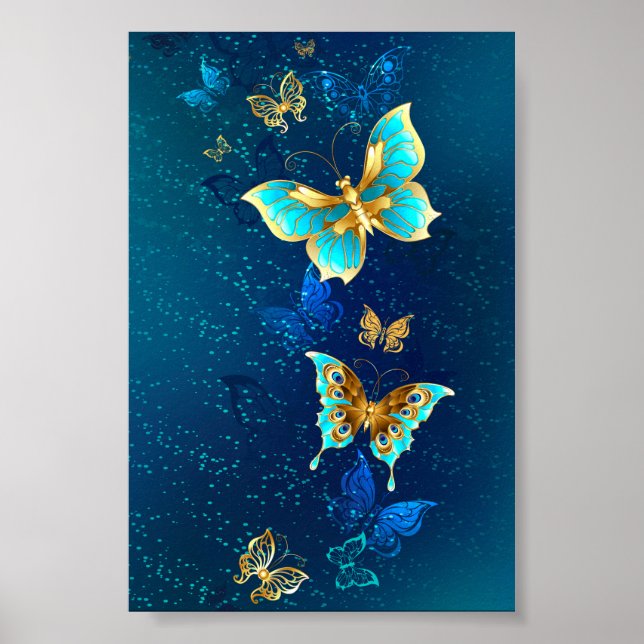 Poster Borboletas de ouro em um fundo azul (Frente)