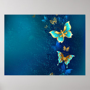 Poster Borboletas de ouro em um fundo azul