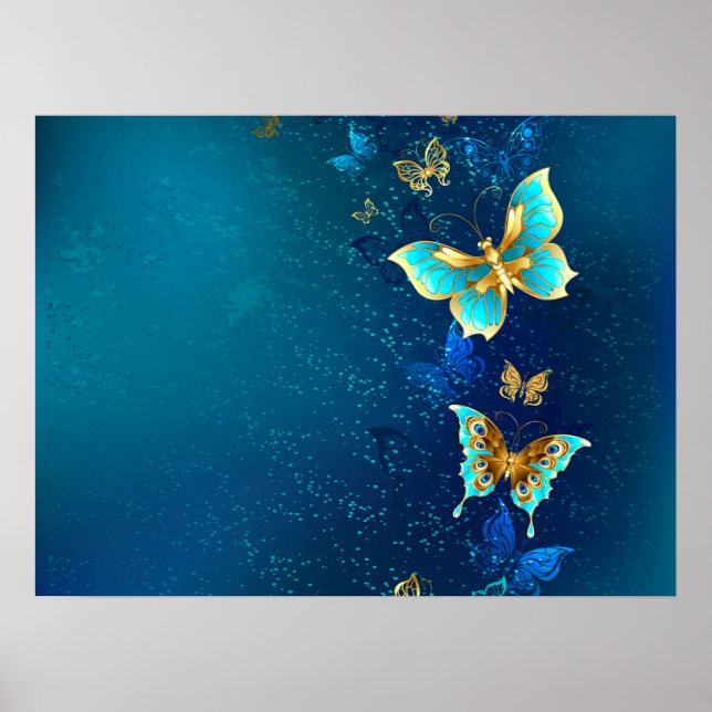 Poster Borboletas de ouro em um fundo azul (Frente)