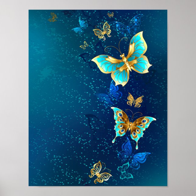 Poster Borboletas de ouro em um fundo azul (Frente)
