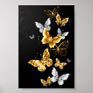 Poster Borboletas douradas e brancas