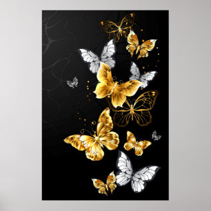 Poster Borboletas douradas e brancas