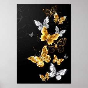 Poster Borboletas Douradas e brancas