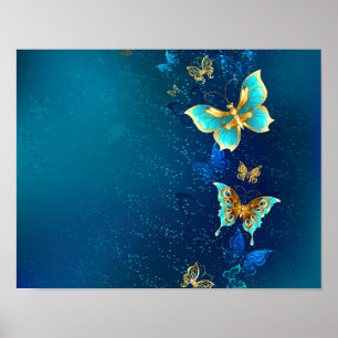 Poster Borboletas Douradas em um Fundo Azul