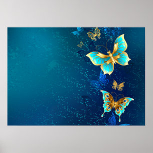 Poster Borboletas Douradas em um Fundo Azul