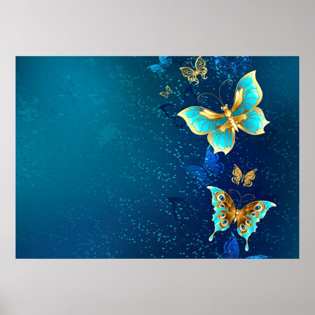Poster Borboletas Douradas em um Fundo Azul (Frente)