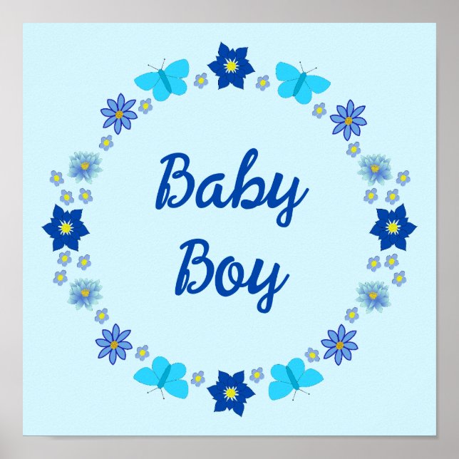 Poster Borboletas e Flores Bebê Menino Azul Personalizado (Frente)