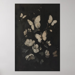 Poster Borboletas e Flores Brancas Caprichosas Escuras