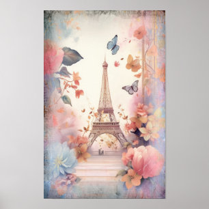 Poster Borboletas e Flores da Torre Eiffel